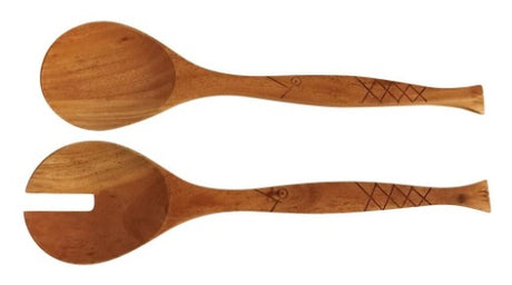 Elegant mahogany fish serving set of 2 spoons, each 28cm, perfect for stylishly serving seafood dishes.