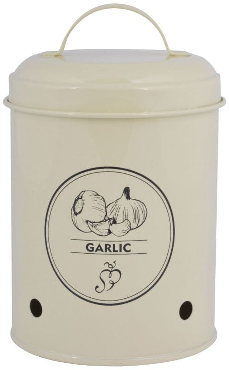 Stylish 17.2cm garlic storage tin with ventilation holes, keeping cloves fresh and flavorful in a cool, dark environment.