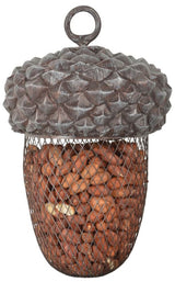 Acorn-shaped bird feeder (22.2cm) made from PVC and iron, perfect for feeding nuts and attracting various birds.