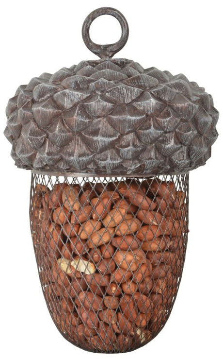 Acorn-shaped bird feeder (22.2cm) made from PVC and iron, perfect for feeding nuts and attracting various birds.