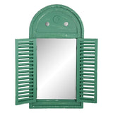 Louvre Distressed Green Mirror with movable shutters, 75cm tall, adds vintage charm and depth to any interior or outdoor space.