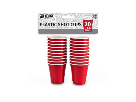 Red plastic shot cups, 60ml each, in bulk 36 packs (720 total), perfect for parties and easy clean-up.
