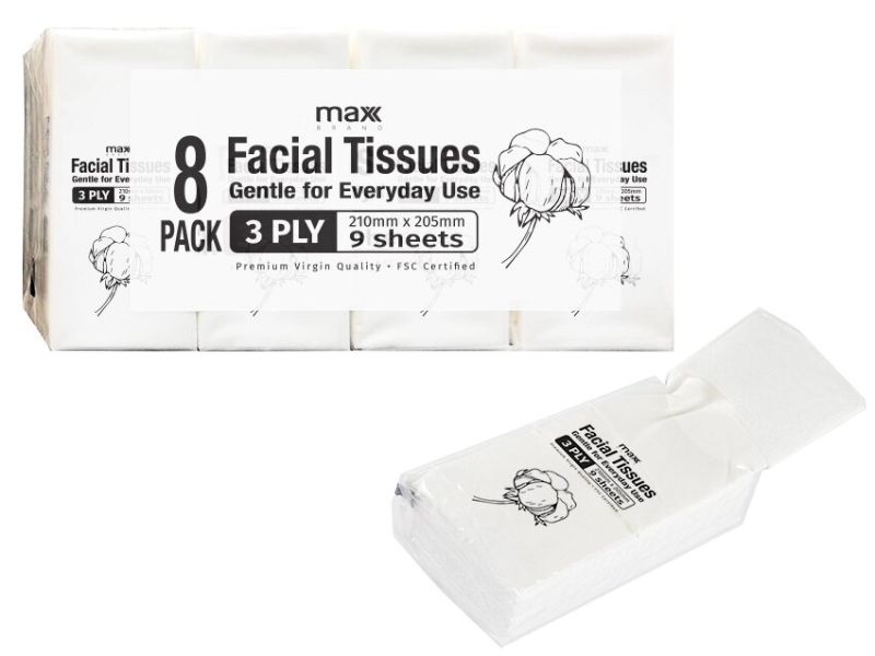 Max Brand 3ply Pocket Tissues in a 24-pack bundle, featuring soft and durable tissues for on-the-go convenience.