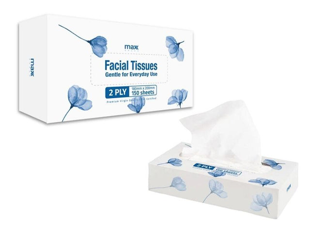 Soft, strong Max Brand boxed facial tissues (200x180mm) - 150 sheets per box, perfect for home, office, or travel. Eco-friendly.