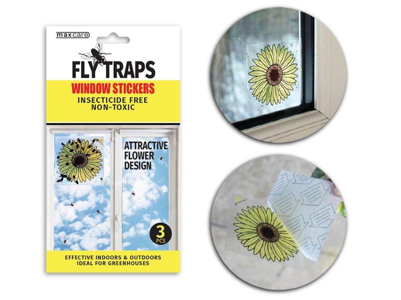 Maxcare Fly Traps Window Stickers, 9.6cm, pack of 24, non-toxic adhesive for effective fly control in any space.