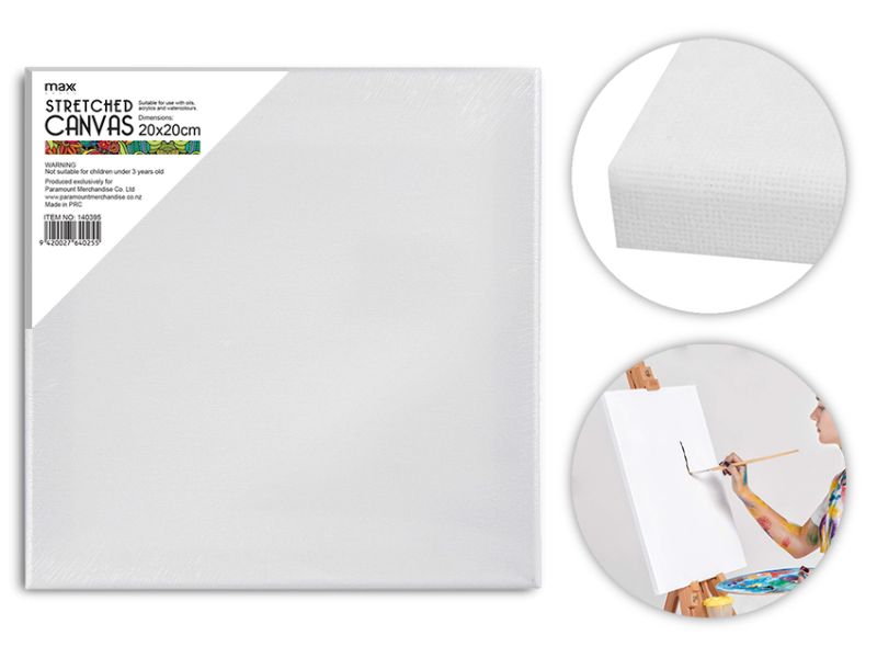 Max Brand stretched canvases, 20cm x 20cm, pack of 24, ideal for artists and crafters for various painting mediums.
