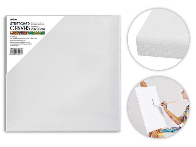 Max Brand stretched canvases, 20cm x 20cm, pack of 24, ideal for artists and crafters for various painting mediums.