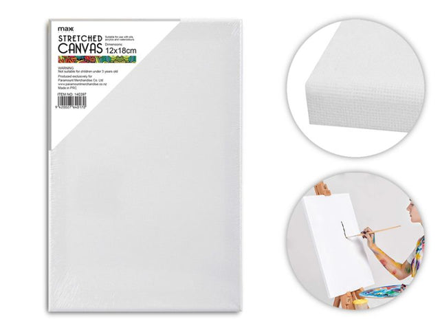 Max Brand 18cm stretched canvases in a pack of 24, ideal for artists and DIY projects with a smooth, durable surface.