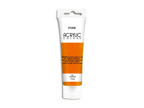 Pack of 6 MAX Brand 75ml #301 Orange acrylic paint tubes, ideal for vibrant art projects on various surfaces.