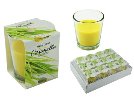 Citronella scented candle in a glass tumbler, 85g, repels insects while enhancing ambiance at outdoor gatherings.