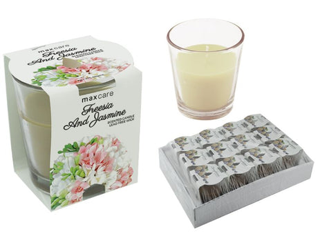 Scented candle in a tumbler, 85g, featuring freesia and jasmine scents for a calming home atmosphere. Set of 12.
