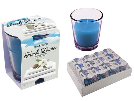 A pack of 12 Max Care scented candles in tumblers, featuring a Fresh Linen fragrance for a clean and inviting ambiance.