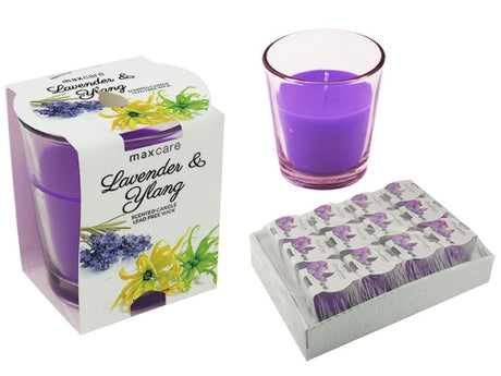 Scented candle tumbler set with calming lavender and ylang aromas, ideal for relaxation and home decor, 12 units.