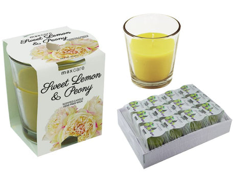 Scented tumbler candle featuring sweet lemon and peony fragrance, perfect for creating a cozy ambiance in any space.