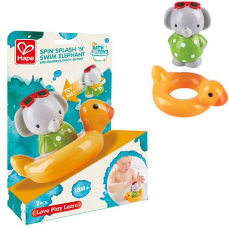 Colorful spinning elephant bath toy that transforms duck color in warm water, promoting fun sensory play for toddlers.