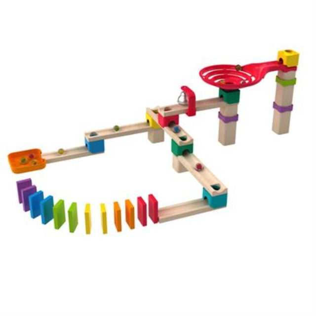 Colorful wooden domino blocks in the Marble Domino Rally Block Set, designed for creative play and learning for children aged 4+.