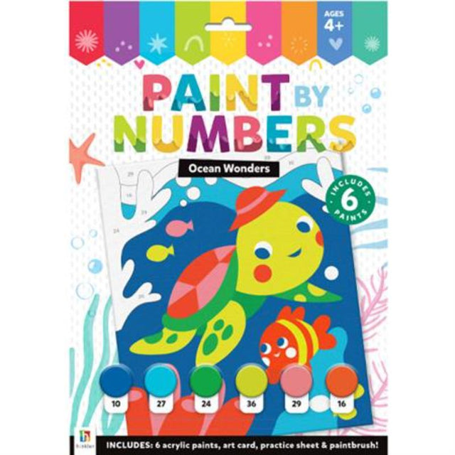 Colorful Paint by Numbers Kit featuring an ocean scene, ideal for kids ages 4+, includes paints, brush, and instructions.