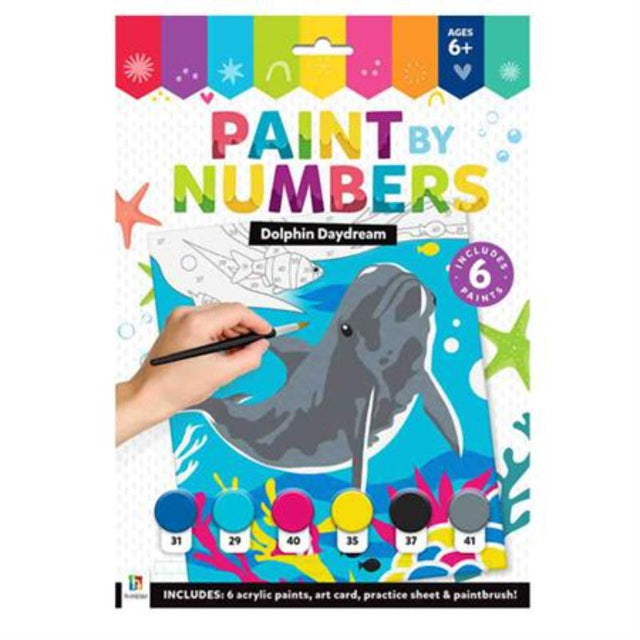 Colorful Paint by Numbers kit featuring a dolphin design, perfect for kids aged 6+, including canvas and acrylic paints.