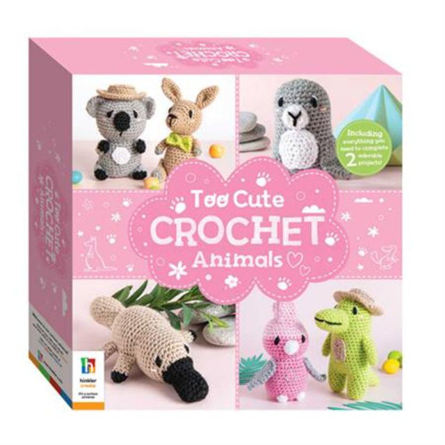 Colorful crochet kit featuring materials to create adorable Australian wildlife plushies: koala, cockatoo, galah, and platypus.