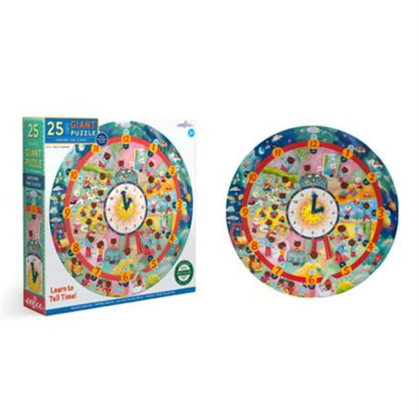 Giant eeBoo Around the Clock puzzle with 25 colorful pieces for teaching kids to tell time and develop motor skills.