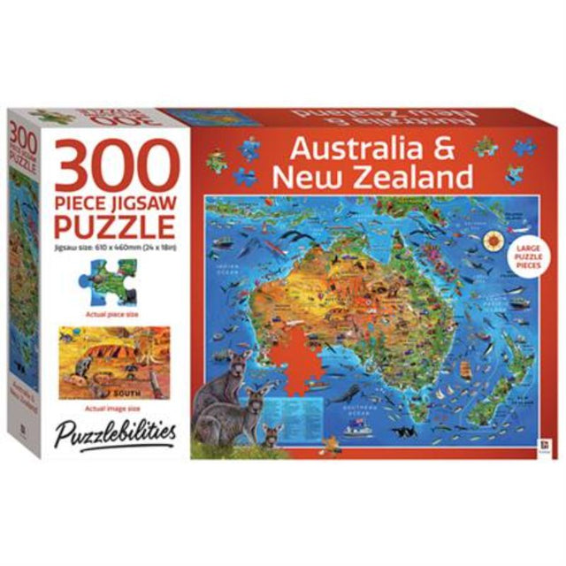Illustrated 300-piece jigsaw puzzle of Australia and New Zealand, featuring landmarks and hidden gems.