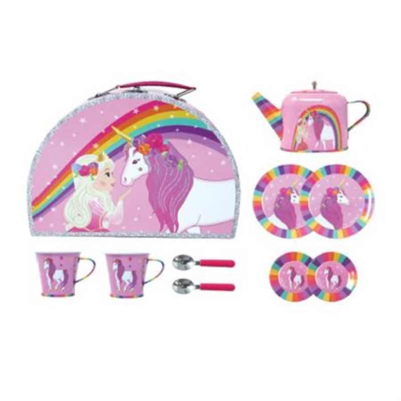 Tin tea set with teapot, cups, saucers, spoons, and plates in a charming carry case, perfect for imaginative tea parties.