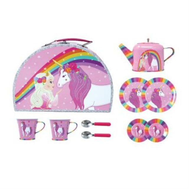 Tin tea set with teapot, cups, saucers, spoons, and plates in a charming carry case, perfect for imaginative tea parties.