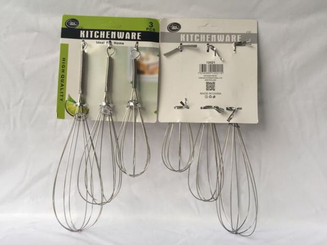 Premium 3-piece egg beater set in stainless steel, perfect for whipping and mixing eggs and batters, dishwasher safe.