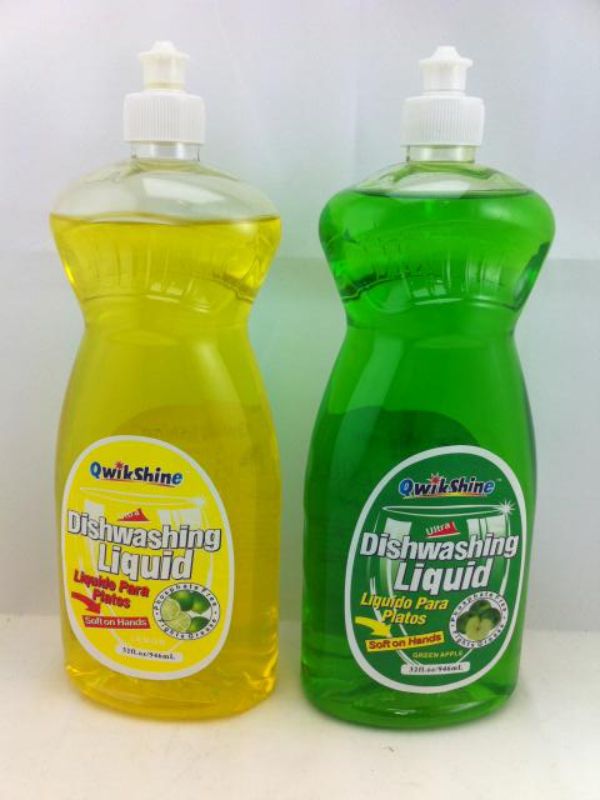 Set of 6 assorted 960ML dishwashing liquid bottles, effective against grease, biodegradable, and suitable for all dishware.