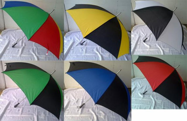 Set of 6 assorted golf umbrellas, each 95cm wide, featuring vibrant colors for sun and rain protection on outdoor activities.
