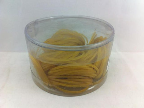 Set of 12 tubs containing 70g of durable, versatile rubber bands for organization and crafting needs.