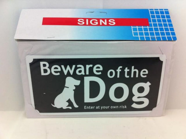 Set of 12 durable plastic "Beware Dog" signs in black and white, ensuring safety and awareness for visitors.