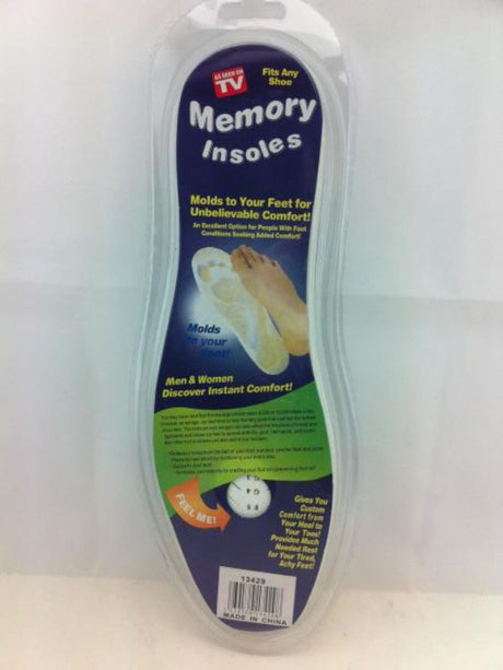 Memory Insole Set of 12 featuring EVA material and memory sponge for comfort, support, and pressure relief in various shoes.