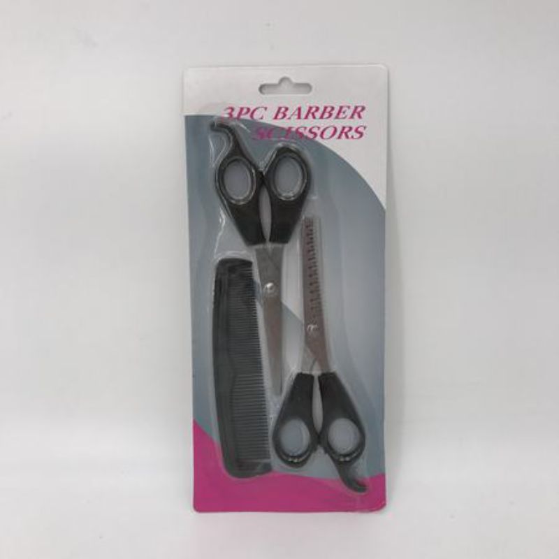 3-piece professional hair cut scissors set with ergonomic handles, stainless steel, includes scissors, thinning shears, and comb.