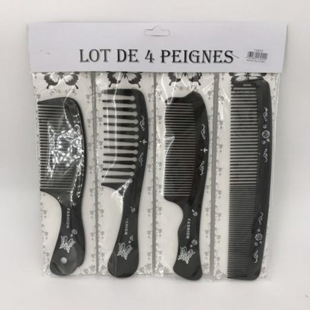 A set of four black combs per pack, ideal for all hair types, perfect for salons and personal grooming.