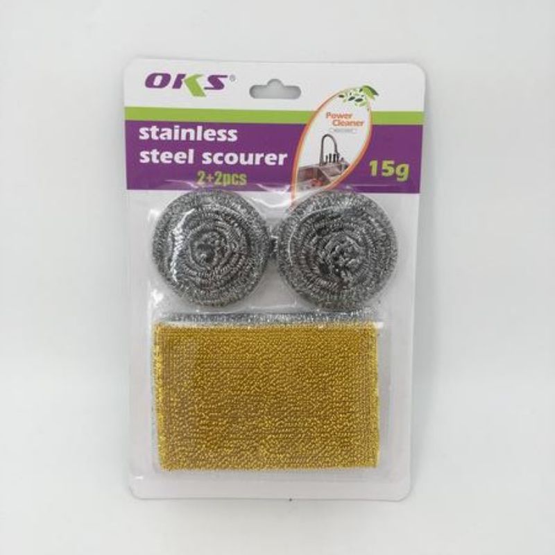Durable multi-purpose scourer pads in packs of three, ideal for tough cleaning in kitchens and bathrooms.
