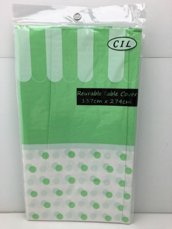 Set of 12 green plastic tablecovers, 137 x 274cm, perfect for protecting tables during events and enhancing decor.