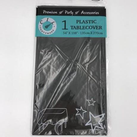 Set of 12 black plastic table covers, 137 x 274cm, waterproof, perfect for protecting tables at any event.