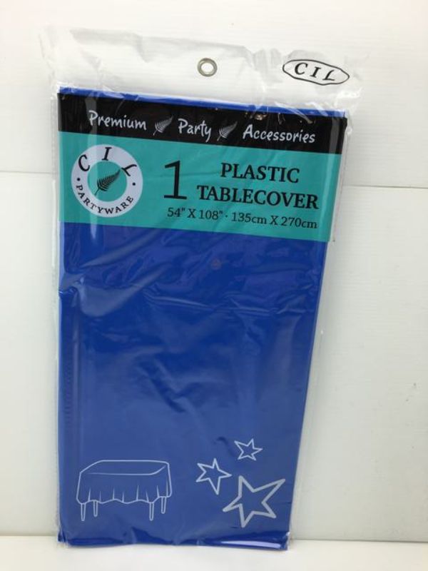 Premium blue plastic tablecovers, 137 x 274cm, set of 12, ideal for elegant events and easy cleanup.