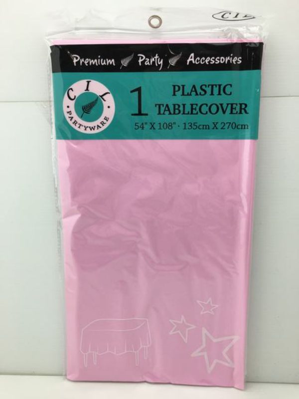 Durable pink plastic tablecovers measuring 137 x 274cm, perfect for elegant party setups (set of 12).