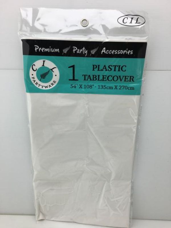 Set of 12 plastic white tablecovers, 137 x 274cm each, perfect for elegant events and easy cleanup.