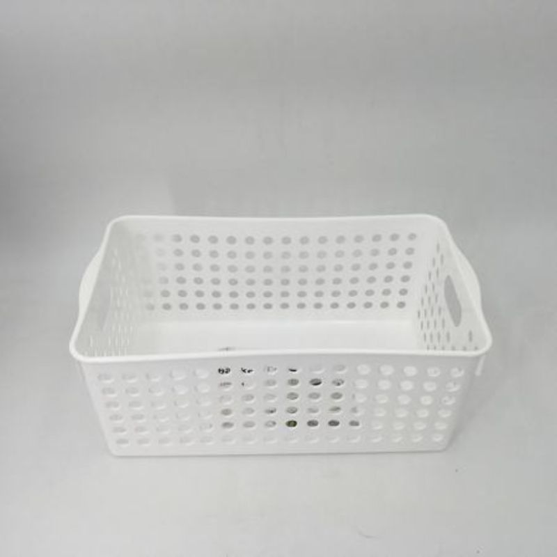 Set of 12 versatile plastic white baskets for efficient home and office organization, each measuring 28 x 16.5 x 11.5cm.