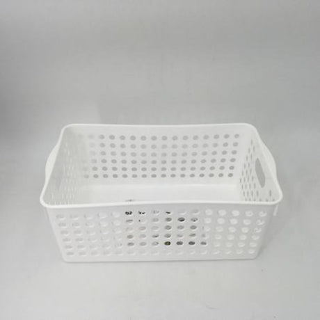 Set of 12 versatile plastic white baskets for efficient home and office organization, each measuring 28 x 16.5 x 11.5cm.