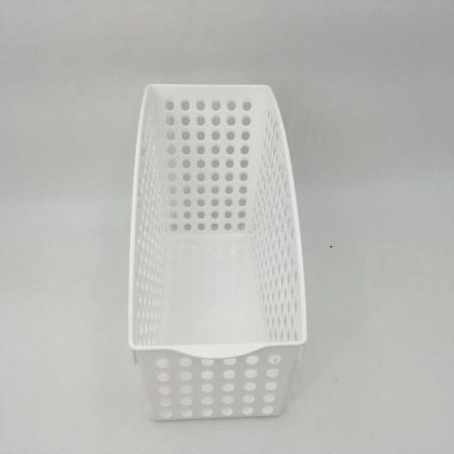 Set of 12 white plastic storage baskets, 27 x 13 x 18.5 cm, ideal for organizing kitchen, bathroom, or toys.