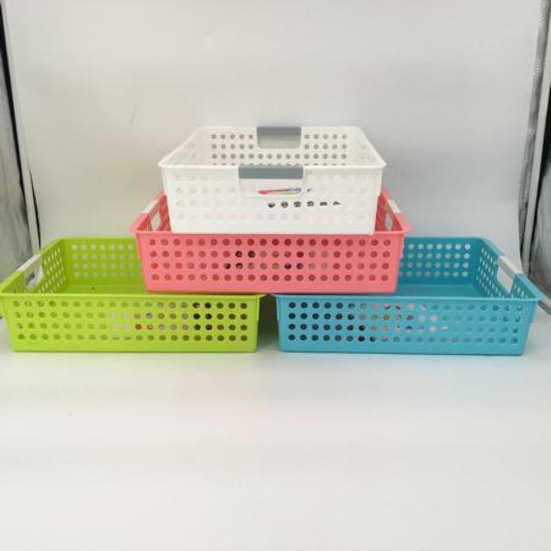 Set of 12 versatile plastic baskets, 34 x 25.5 x 8cm, perfect for organizing toys, clothes, and office supplies in assorted colors.