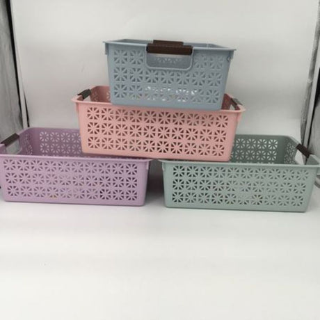 Set of 6 assorted plastic baskets, 36 x 24.5 x 12cm, perfect for organizing home and office spaces in vibrant colors.