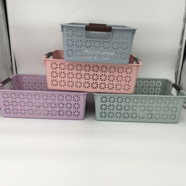 Set of 6 assorted plastic baskets, 36 x 24.5 x 12cm, perfect for organizing home and office spaces in vibrant colors.