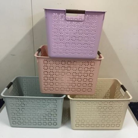 Set of 12 assorted plastic baskets, perfect for organizing toys, groceries, and crafts, in vibrant colors and durable design.
