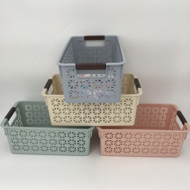 Plastic baskets set of 12, 30 x 17 x 11.5cm, ideal for organizing toys, groceries, and essentials in assorted colors.