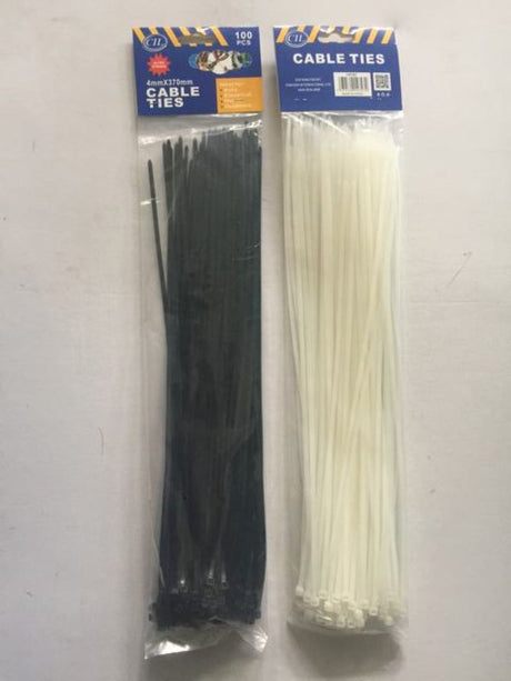 Durable 4 x 370mm cable ties in 12 packs, ideal for organizing cables, wires, and various items for home and professional use.